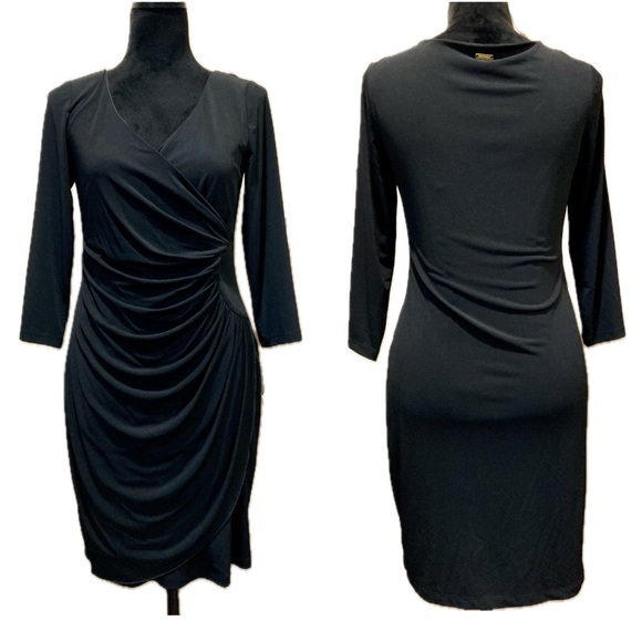 Thalia Sodi Dresses & Skirts - NOS Black Faux Wrap Dress Size Small Thalia Sodi 3/4 Length Sleeves V Neck